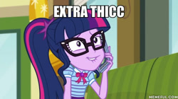 Size: 600x337 | Tagged: safe, edit, edited screencap, screencap, character:twilight sparkle, character:twilight sparkle (scitwi), species:eqg human, episode:text support, g4, my little pony: equestria girls, my little pony:equestria girls, aku, caption, geode of telekinesis, image macro, magical geodes, reference, samurai jack, text, text support: sunset shimmer
