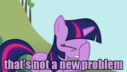 Size: 640x360 | Tagged: safe, edit, edited screencap, screencap, character:twilight sparkle, species:pony, episode:applebuck season, g4, my little pony: friendship is magic, caption, eyes closed, facehoof, female, get, gritted teeth, image macro, purple text, reaction image, solo, text