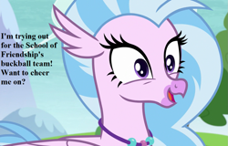 Size: 1125x720 | Tagged: safe, edit, edited screencap, screencap, character:silverstream, species:hippogriff, episode:non-compete clause, g4, my little pony: friendship is magic, bronybait, buckball, cropped, cute, dialogue, diastreamies, female, jewelry, necklace, open mouth, smiling, solo, wide eyes