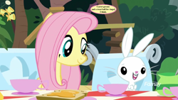 Size: 1280x720 | Tagged: safe, edit, edited screencap, screencap, character:angel bunny, character:fluttershy, episode:yakity-sax, g4, my little pony: friendship is magic, angelbetes, bread, cute, dialogue, discovery family logo, food, happy, shyabetes, speech bubble, tree