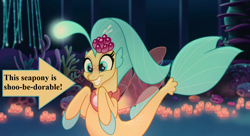 Size: 1474x804 | Tagged: safe, edit, edited screencap, screencap, character:princess skystar, species:seapony (g4), my little pony: the movie (2017), arrow, captain obvious, cropped, cute, freckles, glow, grin, happy, pun, seaquestria, shoo be doo, skyabetes, smiling, solo, squee, text
