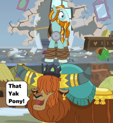 Size: 1280x1395 | Tagged: safe, edit, edited screencap, screencap, character:prince rutherford, character:rockhoof, species:yak, episode:a rockhoof and a hard place, episode:not asking for trouble, g4, my little pony: friendship is magic, season 8, spoiler:s08, cracks, crown, dialogue, flower pot, happy, hole in the wall, hut, jewelry, meme, open mouth, regalia, rockhoof's shovel, school of friendship, season 7, shovel, smashing, speech bubble, text, that's my pony, that's my x, wide eyes, yakyakistan