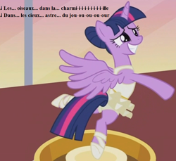 Size: 768x704 | Tagged: safe, edit, edited screencap, screencap, character:twilight sparkle, character:twilight sparkle (alicorn), species:alicorn, species:pony, episode:a royal problem, g4, my little pony: friendship is magic, ballerina, clothing, cute, female, french, leotard, les contes d'hoffman, les oiseaux dans la charmille, lyrics, offenbach, solo, song reference, text, translated in the description, tutu, twiabetes, twilarina