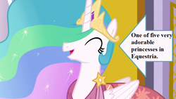 Size: 1024x576 | Tagged: safe, edit, edited screencap, part of a set, screencap, character:princess celestia, episode:make new friends but keep discord, g4, my little pony: friendship is magic, arrow, captain obvious, clothing, cropped, crown, cute, cutelestia, dress, gala dress, jewelry, regalia, text, truth
