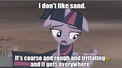 Size: 622x349 | Tagged: safe, edit, screencap, character:twilight sparkle, character:twilight sparkle (alicorn), species:alicorn, species:pony, episode:the cutie re-mark, alternate timeline, anakin skywalker, ashlands timeline, attack of the clones, barren, caption, crossover, dirt, discovery family, discovery family logo, eyelashes, floppy ears, image macro, impact font, implied genocide, meme, post-apocalyptic, quote, sad, sand, star wars, text, text edit, twilight is anakin, wasteland, whining