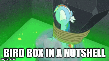 Size: 360x202 | Tagged: safe, edit, edited screencap, screencap, character:rainbow dash, species:pony, episode:daring done, animated, bird box, blindfold, caption, female, gif, gif with captions, image macro, impact font, mare, meme, nose in the air, rope, solo, text, tied up, volumetric mouth