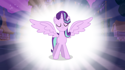 Size: 1440x810 | Tagged: safe, edit, edited screencap, screencap, character:starlight glimmer, species:alicorn, species:pony, episode:magical mystery cure, g4, my little pony: friendship is magic, alicornified, alternate universe, behold, female, majestic, mare, race swap, starlicorn, xk-class end-of-the-world scenario