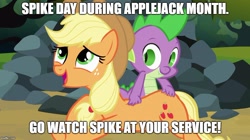 Size: 888x499 | Tagged: safe, edit, edited screencap, screencap, character:applejack, character:spike, species:dragon, species:earth pony, species:pony, episode:spike at your service, g4, my little pony: friendship is magic, applejack month, butt touch, caption, duo, female, hand on butt, image macro, male, mare, spike day, text