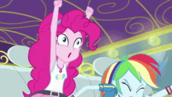 Size: 1920x1080 | Tagged: safe, edit, edited screencap, screencap, character:pinkie pie, character:rainbow dash, episode:road trippin', g4, my little pony: equestria girls, my little pony:equestria girls, :o, animated, arms in the air, derp, eyes closed, faec, frown, geode of sugar bombs, geode of super speed, magical geodes, open mouth, party hard, pinkie being pinkie, sound, vibrating, wat, webm, wide eyes, you got curves she got curves