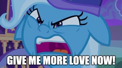 Size: 888x499 | Tagged: safe, edit, edited screencap, screencap, character:trixie, episode:to where and back again, g4, my little pony: friendship is magic, angry, caption, female, floppy ears, image macro, meme, solo, text, trixie yells at everything, trixie's wagon
