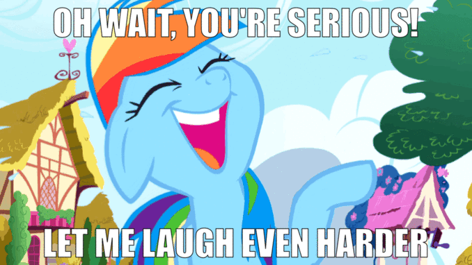 Size: 678x382 | Tagged: safe, edit, edited screencap, screencap, character:rainbow dash, species:pony, episode:friendship is magic, g4, my little pony: friendship is magic, animated, caption, faec, futurama, gif, gif with captions, image macro, impact font, laughing, love and rocket, meme, rainbow dash is best facemaker, text, well