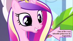 Size: 1100x618 | Tagged: safe, edit, edited screencap, part of a set, screencap, character:princess cadance, species:crystal pony, episode:equestria games, g4, my little pony: friendship is magic, arrow, captain obvious, crown, cute, cutedance, jewelry, regalia, smiling, text