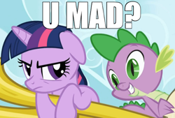 Size: 500x337 | Tagged: safe, edit, edited screencap, screencap, character:spike, character:twilight sparkle, episode:friendship is magic, g4, my little pony: friendship is magic, angry, caption, cropped, duo, image macro, meme, text, u mad