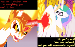 Size: 1440x906 | Tagged: safe, edit, edited screencap, screencap, character:daybreaker, character:princess celestia, episode:a royal problem, g4, my little pony: friendship is magic, angry, canterlot castle, caption, cropped, dream, fight, fire, folded wings, glare, gritted teeth, laser, magic, stained glass, sun, text, throne room, wings