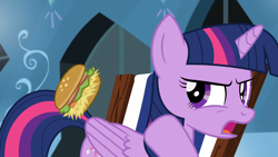Size: 1440x810 | Tagged: safe, edit, edited screencap, screencap, character:twilight sparkle, character:twilight sparkle (alicorn), species:alicorn, species:pony, episode:the crystalling, g4, my little pony: friendship is magic, angry, annoyed, burger, female, food, hay burger, mare, open mouth, solo, vector, vector edit