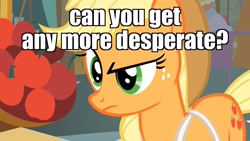 Size: 1920x1080 | Tagged: safe, edit, edited screencap, screencap, character:applejack, species:pony, episode:call of the cutie, g4, my little pony: friendship is magic, caption, confused, female, image macro, meme, reaction image, solo, suspicious, text