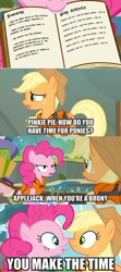 Size: 236x531 | Tagged: safe, edit, edited screencap, screencap, character:applejack, character:pinkie pie, episode:pinkie apple pie, g4, my little pony: friendship is magic, book, caption, comic, duo, image macro, lifejacket, mouth hold, screencap comic, text