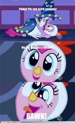 Size: 500x818 | Tagged: safe, edit, edited screencap, screencap, character:pinkie pie, character:twilight sparkle, species:bird, species:chicken, species:pony, episode:luna eclipsed, g4, my little pony: friendship is magic, animal costume, chicken pie, chicken suit, clothing, comic, costume, duo, funny, misspelling, nightmare night costume, screencap comic, silly, silly pony, star swirl the bearded costume, text