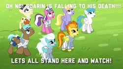 Size: 1024x576 | Tagged: safe, edit, edited screencap, screencap, character:cloud kicker, character:fleetfoot, character:soarin', character:spitfire, character:white lightning, species:pegasus, species:pony, episode:rainbow falls, g4, my little pony: friendship is magic, abradacanter, background pony, dark comedy, female, funny, haymaker, implied soarin', looking up, male, mare, stallion, text, unnamed pony