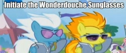 Size: 1024x436 | Tagged: safe, edit, edited screencap, screencap, character:fleetfoot, character:spitfire, episode:rainbow falls, g4, my little pony: friendship is magic, duo focus, hub logo, sunglasses, text, wrong aspect ratio