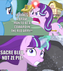 Size: 500x562 | Tagged: safe, edit, edited screencap, screencap, character:starlight glimmer, character:trixie, species:pony, species:unicorn, episode:all bottled up, episode:the cutie map, g4, my little pony: friendship is magic, angry, communism, female, floppy ears, french, frown, funny, glare, glowing horn, gritted teeth, looking back, mare, meme, open mouth, running, s5 starlight, vein, wide eyes
