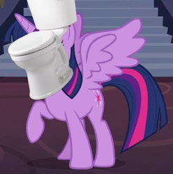 Size: 418x422 | Tagged: safe, edit, edited screencap, screencap, character:twilight sparkle, character:twilight sparkle (alicorn), species:alicorn, species:pony, 1000 years in photoshop, background pony strikes again, but why, cropped, female, mare, meme, raised hoof, solo, spread wings, toilet, toilet sparkle, wat, what has science done, why, wings