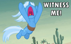 Size: 692x427 | Tagged: safe, edit, edited screencap, screencap, character:trixie, species:pony, species:unicorn, episode:on the road to friendship, cactus, female, mad max, mad max fury road, mare, rope, screaming, solo, text, witness me