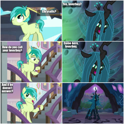 Size: 1000x1000 | Tagged: safe, edit, edited screencap, screencap, character:queen chrysalis, character:sandbar, species:changeling, species:earth pony, species:pony, episode:the mean 6, episode:to where and back again, episode:what lies beneath, g4, my little pony: friendship is magic, angry, boyfriend, cave, changeling queen, comic, dark, darkness, dirty dancing, female, girlfriend, glare, grin, horn, lidded eyes, love, love is strange, loverboy, male, man, moon, night, open mouth, school, schoolboy, screencap comic, smiling, smirk, stairs, teenager, unamused, underhoof, walking, wat, watch, wristwatch