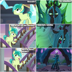 Size: 1000x1000 | Tagged: safe, edit, edited screencap, screencap, character:queen chrysalis, character:sandbar, species:changeling, species:pony, episode:the mean 6, episode:to where and back again, episode:what lies beneath, g4, my little pony: friendship is magic, boyfriend, cave, changeling queen, comic, dirty dancing, female, girlfriend, love, love is strange, loverboy, male, man, school, schoolboy, screencap comic, stairs, woman
