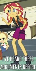 Size: 679x1325 | Tagged: safe, edit, edited screencap, screencap, character:applejack, character:sunset shimmer, episode:overpowered, g4, my little pony: equestria girls, my little pony:equestria girls, applejack's hat, boots, caption, clothing, cowboy boots, cowboy hat, cropped, female, geode of super strength, hat, high heel boots, image macro, jacket, legs, magical geodes, meme, pointing, shoes, skirt, text