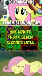 Size: 891x1621 | Tagged: safe, edit, edited screencap, screencap, character:fluttershy, species:pony, episode:fluttershy leans in, episode:the mean 6, g4, my little pony: friendship is magic, comic, covering eyes, crying, driven to tears, female, floppy ears, screencap comic, solo, spongebob squarepants, spongebob time card, you can't win