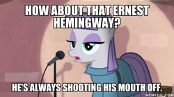 Size: 600x337 | Tagged: safe, edit, edited screencap, screencap, character:maud pie, species:earth pony, species:pony, episode:the maud couple, g4, my little pony: friendship is magic, caption, female, frown, image macro, joke, lidded eyes, mare, microphone, open mouth, solo, spotlight, text