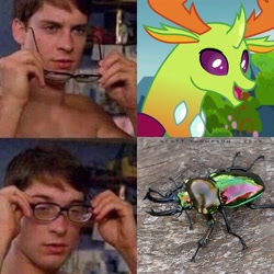 Size: 1564x1564 | Tagged: safe, edit, edited screencap, screencap, character:thorax, species:changeling, species:human, species:reformed changeling, beetle, cropped, cute, glasses, happy, insect, irl, irl human, male, meme, open mouth, peter parker, photo, shiny, smiling, spider-man, stag beetle, that explains everything, thorabetes, wat