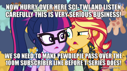 Size: 800x450 | Tagged: safe, edit, edited screencap, screencap, character:sunset shimmer, character:twilight sparkle, character:twilight sparkle (scitwi), species:eqg human, species:rabbit, equestria girls:rollercoaster of friendship, g4, my little pony: equestria girls, my little pony:equestria girls, bow, bow tie, caption, cat, clothing, cutie mark, cutie mark clothes, elephant, exclamation point, exploitable meme, eyelashes, female, geode of empathy, geode of telekinesis, giraffe, glasses, hand on shoulder, internet, jacket, jewelry, leather belt, leather jacket, leather vest, magical geodes, meme, memegenerator, necklace, pewdiepie, pewdiepie vs t-series, plushie, pointing, ponytail, shirt, skirt, symbol, t-series, t-shirt, talking, text, text edit, top, wall of tags, woman, youtube, youtuber