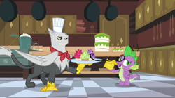 Size: 1280x720 | Tagged: safe, edit, edited screencap, screencap, character:gustave le grande, character:spike, species:dragon, species:griffon, episode:princess spike, g4, my little pony: friendship is magic, beak, beakless, cartoon physics, cupcake, food, got your nose, gustave le grande, i have no mouth and i must scream, modular, no mouth, wat