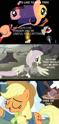 Size: 824x1713 | Tagged: safe, edit, edited screencap, screencap, character:applejack, character:fluttershy, character:pinkie pie, character:rainbow dash, character:twilight sparkle, species:duck, species:rabbit, episode:best gift ever, episode:over a barrel, episode:the hooffields and mccolts, g4, my little pony: friendship is magic, axe, candle, caption, comic, critters, edgy, ferret, hug, mouse, smug, squirrel, text, train, tree, tree stump, weapon, winghug