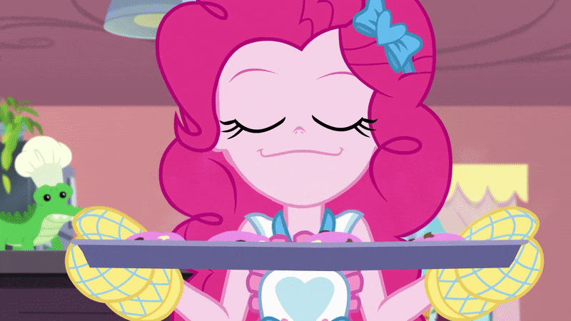 Size: 800x450 | Tagged: safe, edit, edited screencap, screencap, character:pinkie pie, episode:the craft of cookies, g4, my little pony: equestria girls, my little pony:equestria girls, spoiler:eqg series (season 2), :3, animated, apron, baking, baking sheet, clothing, cute, diapinkes, edited edit, faec, gif, oven mitts, party soft