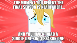 Size: 888x499 | Tagged: safe, edit, edited screencap, screencap, character:prince blueblood, species:pony, episode:the best night ever, g4, my little pony: friendship is magic, season 1, season 9, caption, end of ponies, image macro, in-universe brony, male, meme, oh shit, scared, stallion, text, wtf