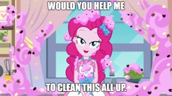 Size: 888x499 | Tagged: safe, edit, edited screencap, screencap, character:pinkie pie, episode:the craft of cookies, g4, my little pony: equestria girls, my little pony:equestria girls, spoiler:eqg series (season 2), apron, bedroom eyes, clothing, curtains, food, frosting, grammar error, kitchen, lidded eyes, looking at you, window