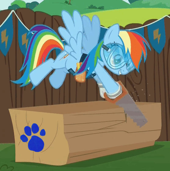Size: 557x560 | Tagged: safe, edit, edited screencap, screencap, character:rainbow dash, species:pony, episode:the cart before the ponies, g4, my little pony: friendship is magic, animated, blue's clues, crosscut saw, female, gif, goggles, loop, paw print, safety goggles, saw, solo, wood