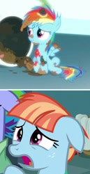 Size: 778x1505 | Tagged: safe, edit, edited screencap, screencap, character:rainbow dash, character:windy whistles, species:pony, episode:newbie dash, episode:parental glideance, g4, my little pony: friendship is magic, comic, cropped, dashabuse, female, filly, filly rainbow dash, mother and daughter, rainbow trash, sad, screencap comic, younger