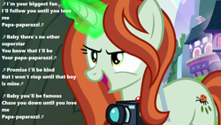 Size: 1280x720 | Tagged: safe, edit, edited screencap, screencap, character:crackle cosette, character:queen chrysalis, episode:the mean 6, g4, my little pony: friendship is magic, season 8, spoiler:s08, camera, disguised changeling, lady gaga, lyrics, magic, magic aura, music notes, open mouth, paparazzi, paparazzi (song), photographer, ponyville, singing, song, stalker, text