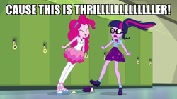 Size: 960x540 | Tagged: safe, edit, edited screencap, screencap, character:pinkie pie, character:twilight sparkle, character:twilight sparkle (scitwi), species:eqg human, episode:stressed in show, g4, my little pony: equestria girls, my little pony:equestria girls, caption, clothing, eyes closed, female, geode of sugar bombs, geode of telekinesis, glasses, image macro, magical geodes, meme, michael jackson, pantyhose, ponytail, sandals, shoes, skirt, socks, song reference, stressed in show: pinkie pie, text, thriller, yelling