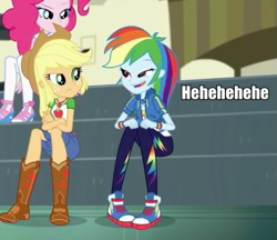 Size: 663x573 | Tagged: safe, edit, edited screencap, screencap, character:applejack, character:pinkie pie, character:rainbow dash, episode:overpowered, g4, my little pony: equestria girls, my little pony:equestria girls, boots, caption, clothing, converse, cowboy boots, cowboy hat, cropped, crossed arms, denim skirt, faec, female, geode of super speed, geode of super strength, hat, image macro, leggings, magical geodes, meme, pants, pantyhose, rainbow dash is best facemaker, shoes, skirt, smiling, sneakers, stetson, text
