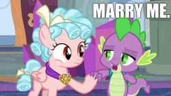 Size: 1920x1080 | Tagged: safe, edit, edited screencap, screencap, character:cozy glow, character:spike, species:dragon, species:pegasus, species:pony, episode:school raze, g4, my little pony: friendship is magic, backpack, caption, cozyspike, crack shipping, female, filly, image macro, interspecies, lidded eyes, male, marriage proposal, meme, shipping, straight, text, winged spike