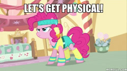 Size: 600x337 | Tagged: safe, edit, edited screencap, screencap, character:pinkie pie, species:pony, episode:a friend in deed, g4, my little pony: friendship is magic, caption, dua lipa, image macro, impact font, olivia newton-john, physical, song, song meme, song reference, text