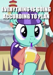 Size: 397x564 | Tagged: safe, edit, edited screencap, screencap, character:mixed berry, species:pony, episode:the parent map, g4, caption, cropped, cute, drink, drinking, image macro, just as planned, sipping, text