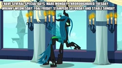 Size: 889x500 | Tagged: safe, edit, edited screencap, screencap, character:queen chrysalis, species:changeling, episode:a canterlot wedding, g4, my little pony: friendship is magic, candle, canterlot, caption, changeling queen, female, image macro, impact font, pillar, solo, text, window