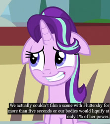 Size: 550x620 | Tagged: safe, edit, screencap, character:starlight glimmer, episode:the parent map, g4, caption, floppy ears, implied fluttershy, nervous, text