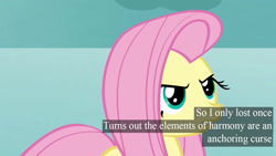 Size: 1280x720 | Tagged: safe, edit, edited screencap, screencap, character:fluttershy, episode:keep calm and flutter on, g4, my little pony: friendship is magic, caption, female, solo, text